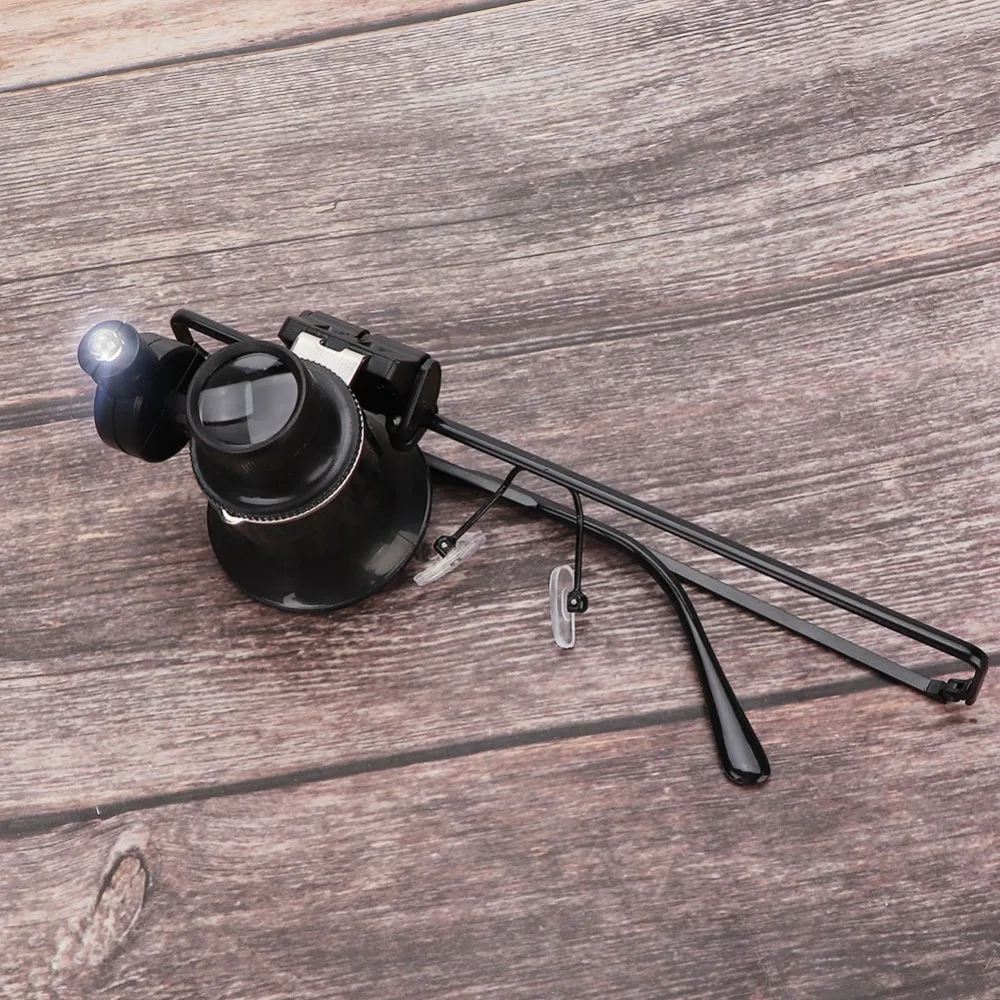 

Лупа с 20-кратным увеличением, одинарная линза, светодиодная подсветка, для ремонта часов, с креплением на голову, черная, для ювелирных работ