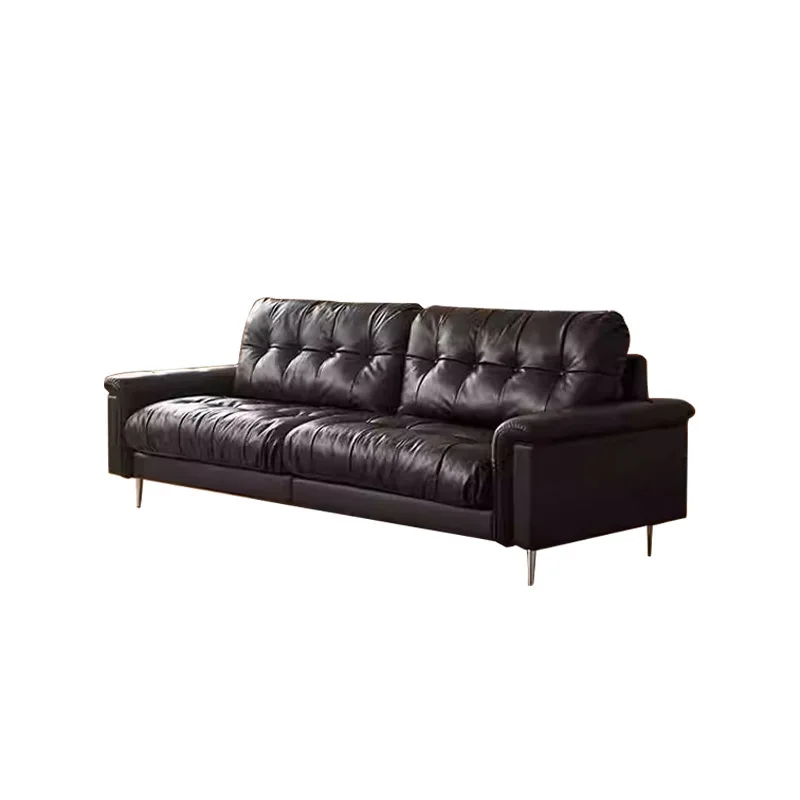 

Sofa ecological leather combination small apartment living room black retro straight row ecological oil wax leather