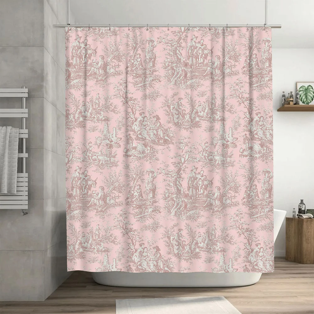 Toile de Jouy دش الستار الوردي الكلاسيكي الفرنسي البلد نمط حمام ديكور ديكور المنزل نسيج مقاوم للماء زينة الحمام