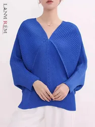 LANMREM Elegant Pleated Batwing Sleeves T-shirt Women's V-neck Solid Color Personalized Versatile Tops 2024 Autumn New 2Z2824