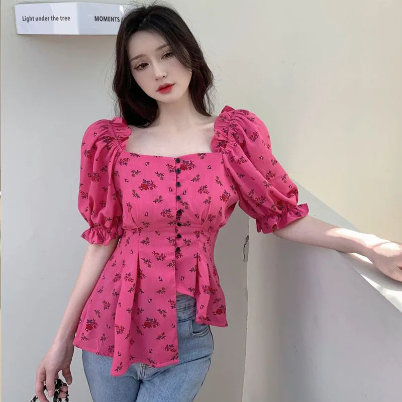 French Temperament Elegant Irregular Tops Summer Fashion Chic Square Collar Puff Sleeve Slim Short Sleeve Women Blouse
