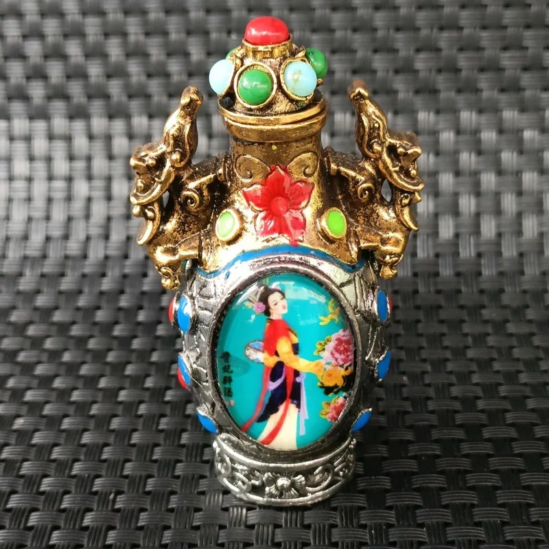 -Style Tibetan Handmade Snuff Bottle Ornament With Spoon, Luminous Version, Antique Collectible Living Room
