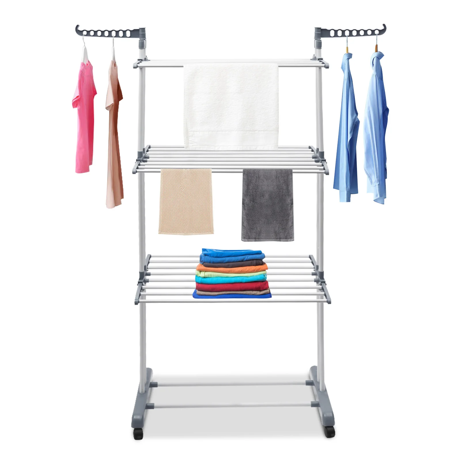 4 Tier Metal Clothes Rail with Wheels ,7 Windproof Hooks Clothes Horses Rack ,Laundry Garment Dryer Stand with 2 Side Wings