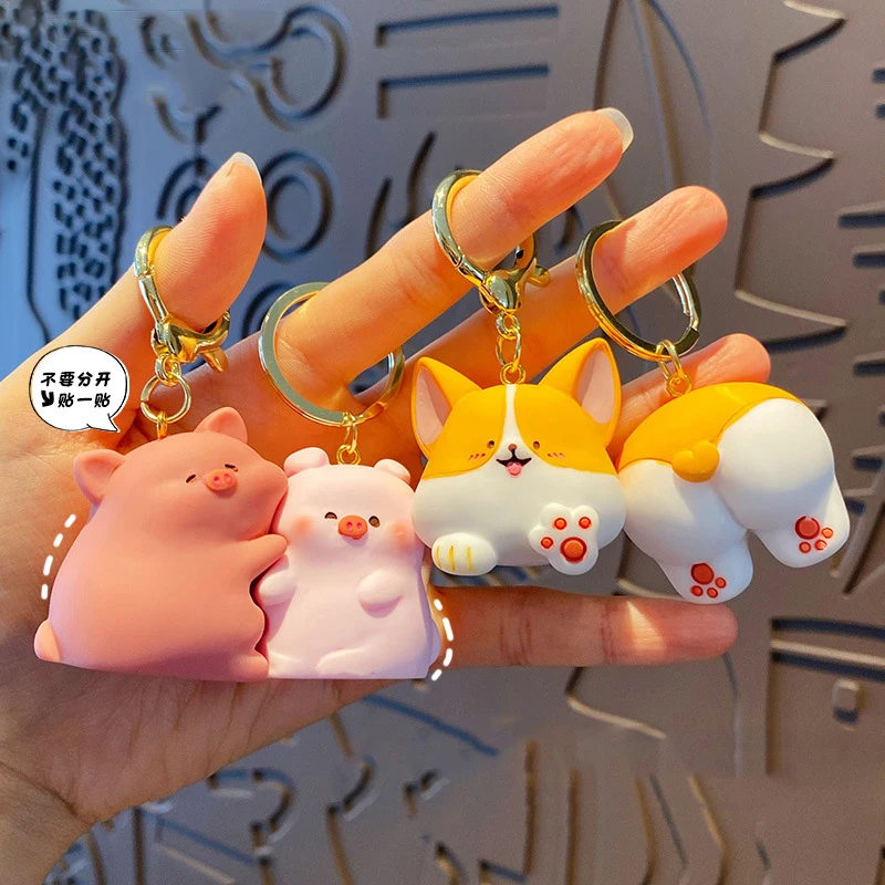 Cartoon Original Keyring Couple Snap Buckle Corgi Butt Keychain Creative Cute Resin Hug Piglet Doll Key Chain Couple Bag Trinket