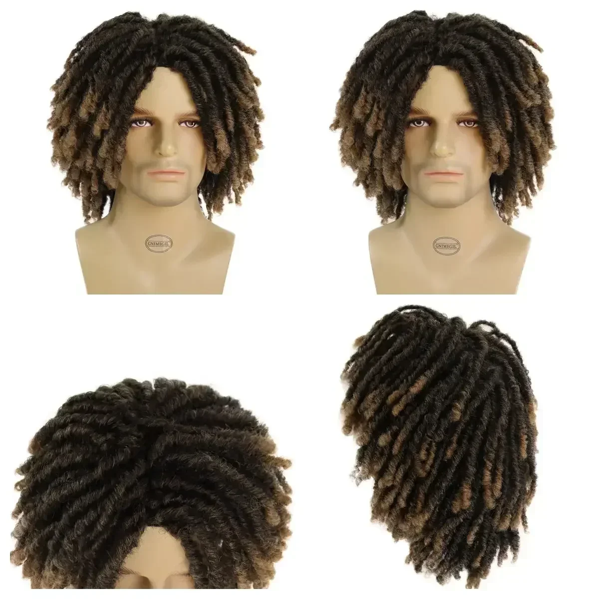 GNIMEGIL Synthetische Zopf-Perücken, 35,6 cm, kurze Perücke für Männer, Afro-Bob, Ombre, braun, gehäkelt, Twist-Haar, Dreadlocks-Perücke,