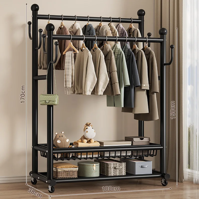 

Movable drying rack household bedroom floor-to-ceiling double-bar coat rack simple bold storage rack wholesale