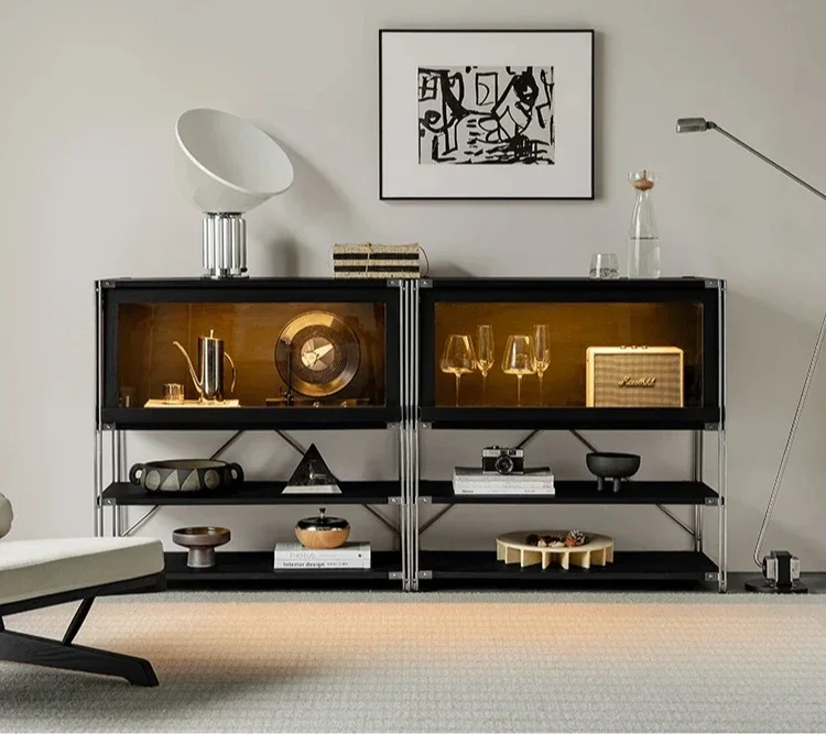 Black Display Cabinet Solid Wood Flap Door Locker Modern Simple Storage Side Cabinet Package Shelf
