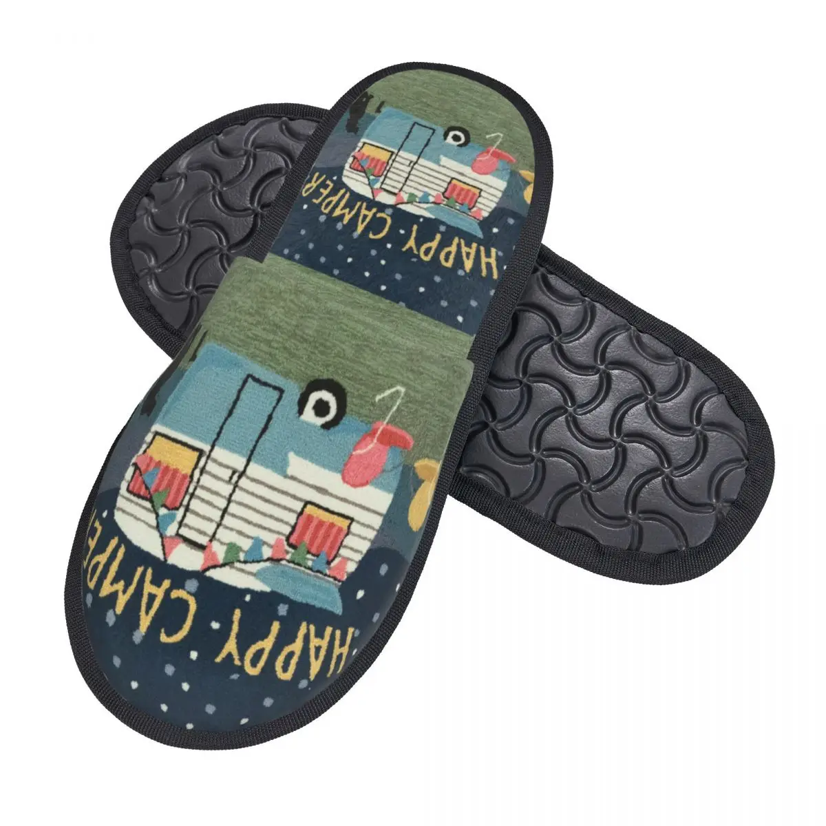 Custom Adventure Travel Happy Camper Memory Foam Slippers Women Comfy Warm Cartoon RV Camping House Slippers