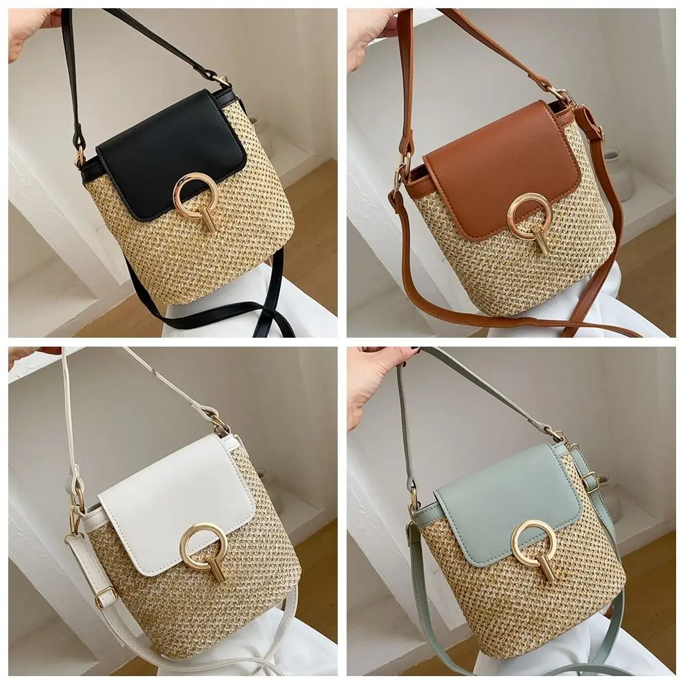 Large Capacity Woven Straw Bucket Bags Trendy Pu Leather Shoulder Bag Beach Handbags Crossbody Bag Tote Bag Raffia Bag Summer