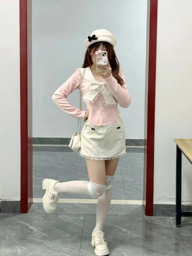 Herfst College Stijl Lolita Dames Tweedelige Set Zoete Franse Y2k Set Boog Lange mouwen Tops + Polka Dot Minirok Outfit 2025