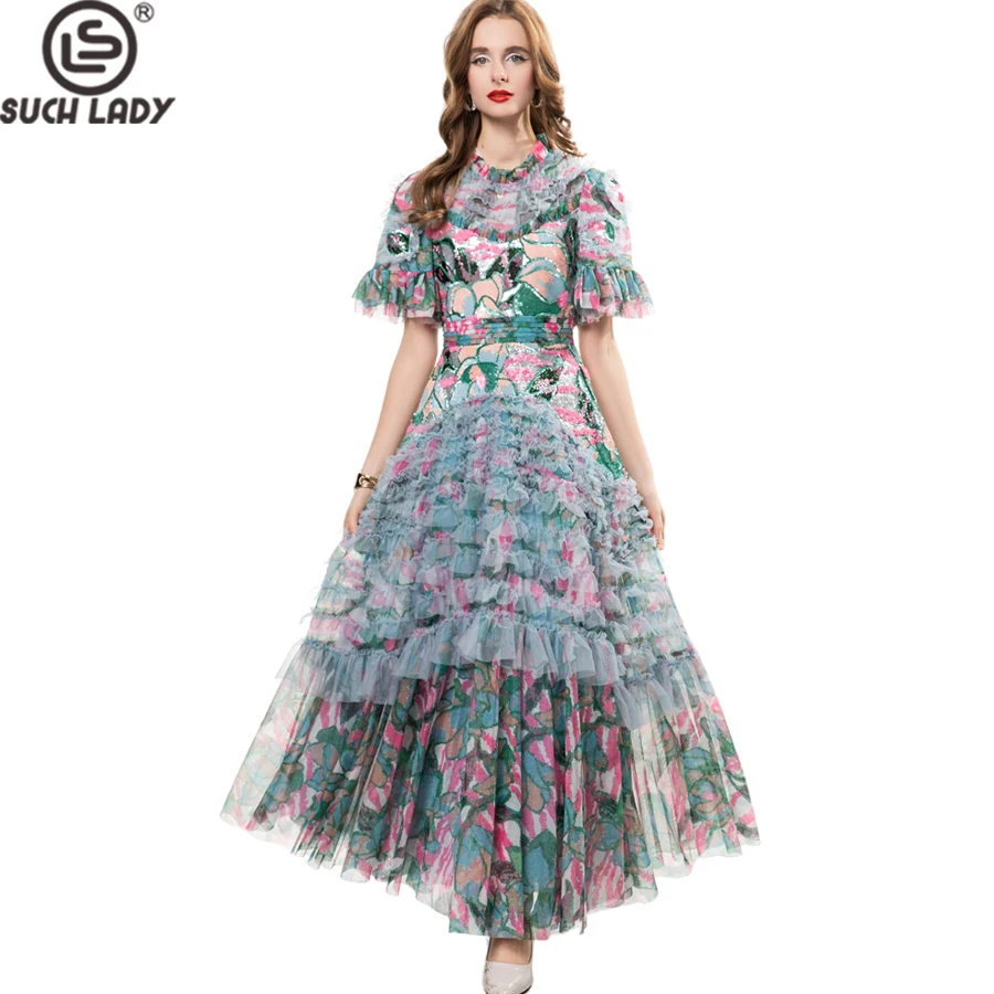 Vestidos femininos o pescoço mangas curtas floral impresso em camadas babados elegante designer de moda vestido de festa maxi vestidos S-4XL