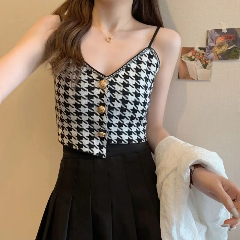 

Women's Sling 2025 Spring Summer Latest Design Sense Niche Short Tank Top Retro Thousand Bird Grid Knitted Small Strap Vest