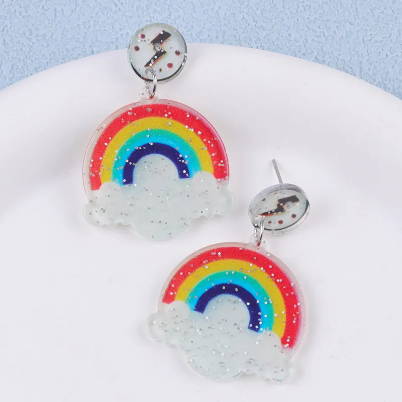10 Pairs Print Acrylic Rainbow Cloud and Lightning Spring Summer Earrings Unique Fashion Jewelry Wholesale