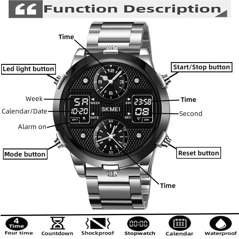 Skmei Multiple Time Zone Men\'s Quartz Sports Watches Big Size Dial LED Chrono Digital Analog Display Waterproof Military Clock