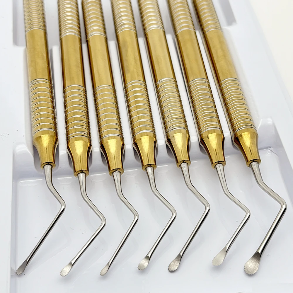Conjunto de instrumentos de cureta dentária de aço inoxidável, 7 peças para limpeza de implantes, terapia periodontal e procedimentos de higiene oral