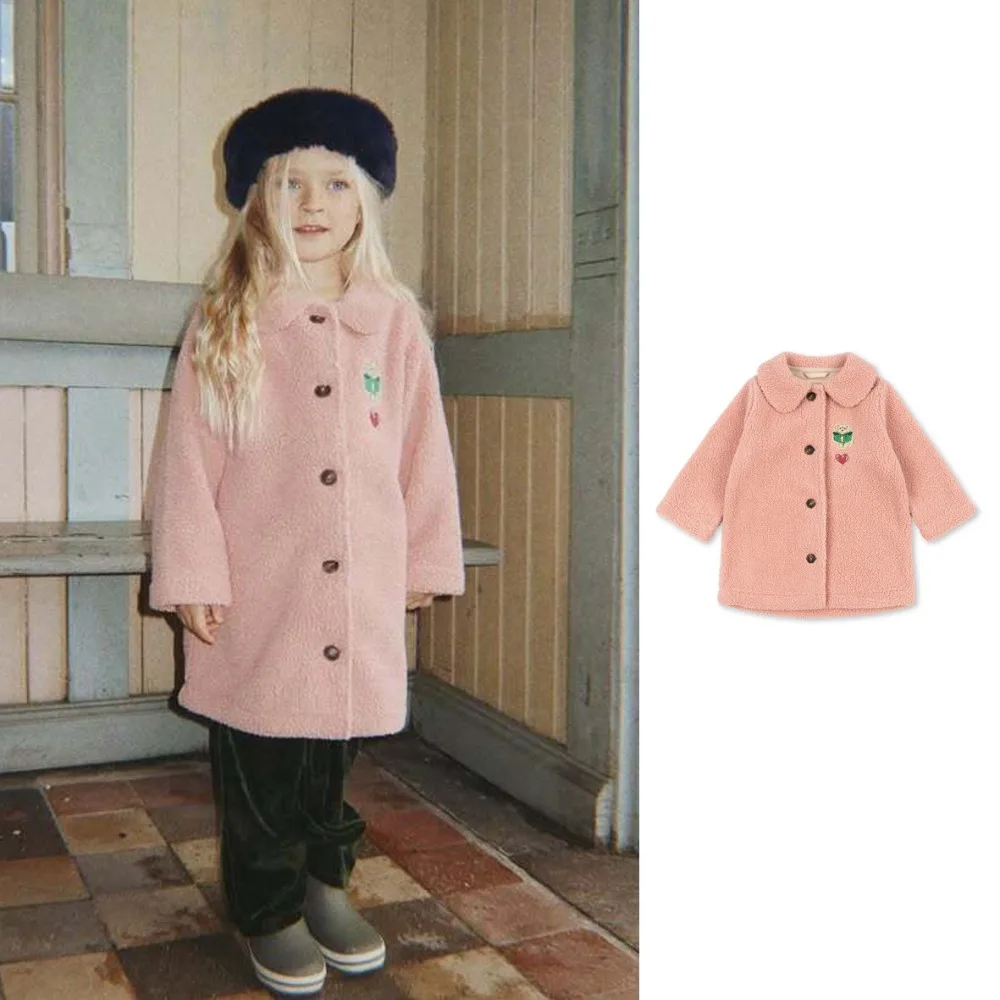 2026 New Autumn Winter Sweet Peter Pan Collar Coat For Girls, Single Breasted Mid Length Fleece Versatile Kids Outerwear