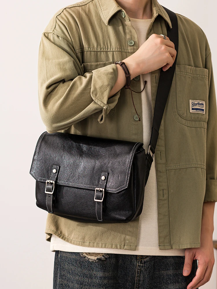 Weekend outdoor daily travel genuine leather men's shoulder bag leisure luxury sports handmade cow leather black crossbody bag