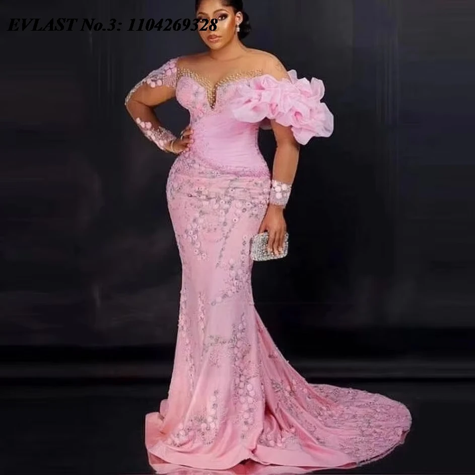 

EVLAST индивидуальное розовое платье русалки для выпускного вечера Aso Ebi в африканском стиле с цветочной аппликацией и кристаллами из бисера вечернее платье Robe De Soirée E3P411