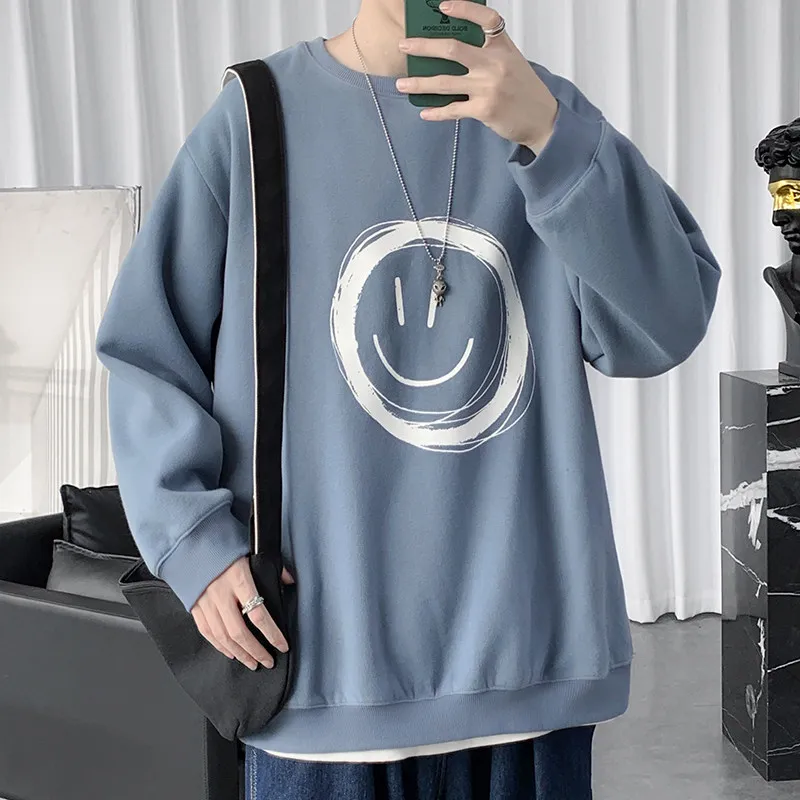 Smiling Face Printed Casual Round Neck Top, Trendy Casual Men's and Women's Spring and Autumn Sets, Head and Bathroom Clothes view 4