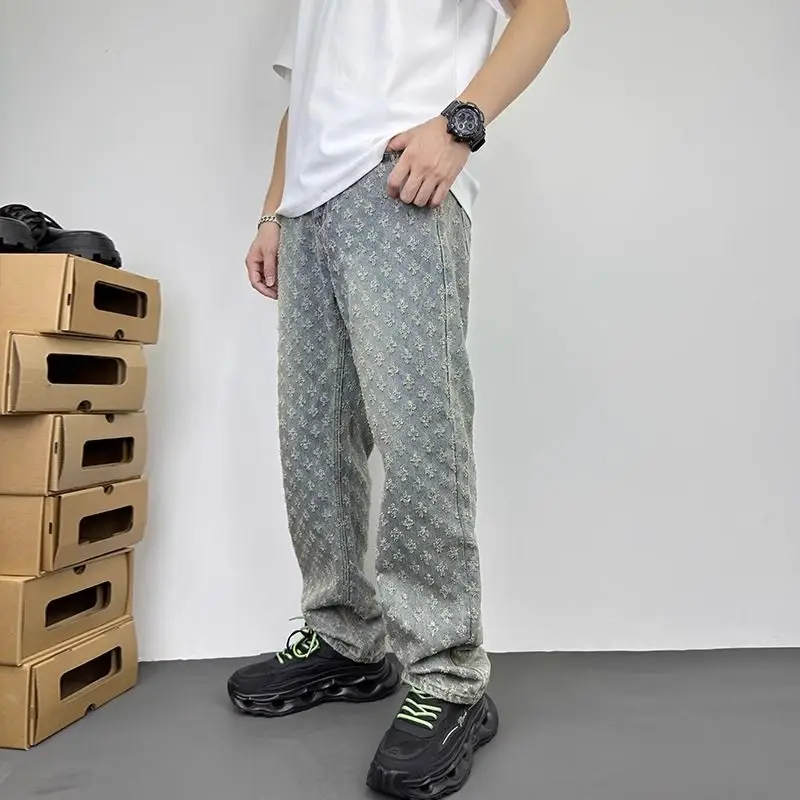 

Мужские джинсы прямого кроя Slim Fit, летние, новые, с принтом, цветочный ретро-дизайн, повседневные, средняя посадка, смесь полиэстера и хлопка