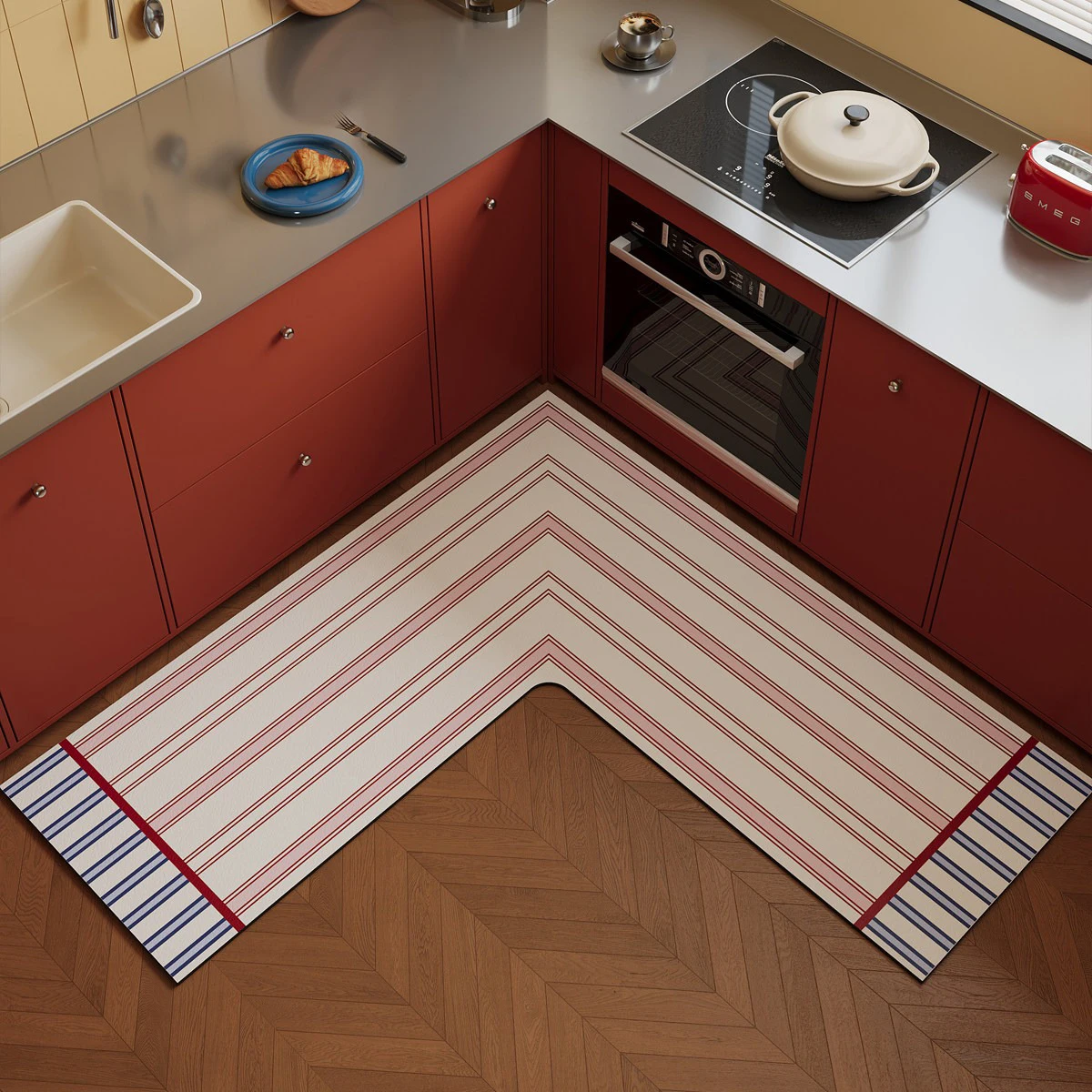Kitchen Floor Mat L-shaped Striped Fashion Minimalism Carpet PVC Leather Oil-proof Waterproof Mats Non-slip Rug Коврик Для Кухни