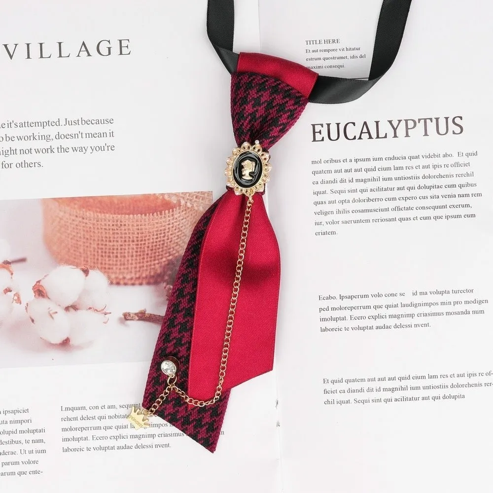 Vintage Y2K Preppy Necktie Rhinestone Chain Adjustable Strap Plaid Bow Tie Oval Multiple Colors Decorative Neck Tie JK Uniform