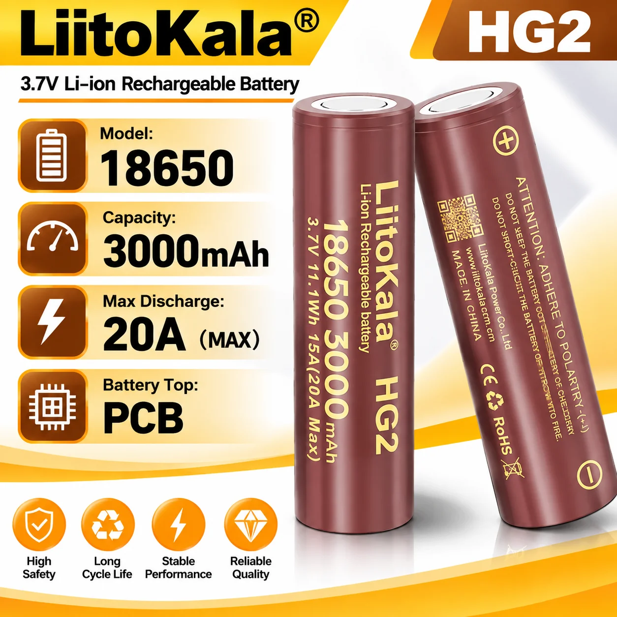 LiitoKala 18650 HG2 3000mAh 3.7V Rechargeable Li-ion Battery with 30A Continuous Discharge for Drones Power Tools 1-30PCS