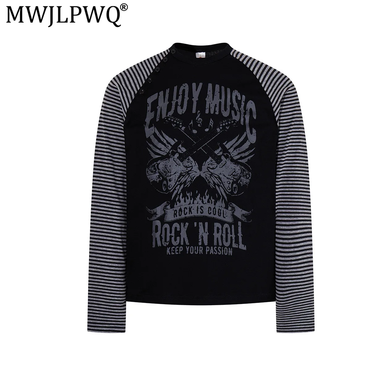 MWJLPWQ Retro Hip-Hop Rock Long-Sleeve Men's T-Shirt Striped American Tee Stylish Round-Neck Base Tops 2026 Autumn New 20486