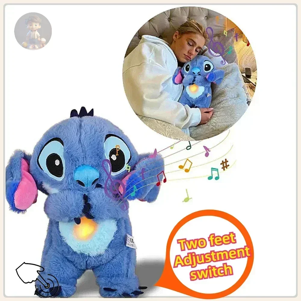 Disney 2024 New Stitch Baby Breathing Bear Plush Soothing Kawaii Music Sleeping Companion Sound And Light Plush Toy Kids Gift