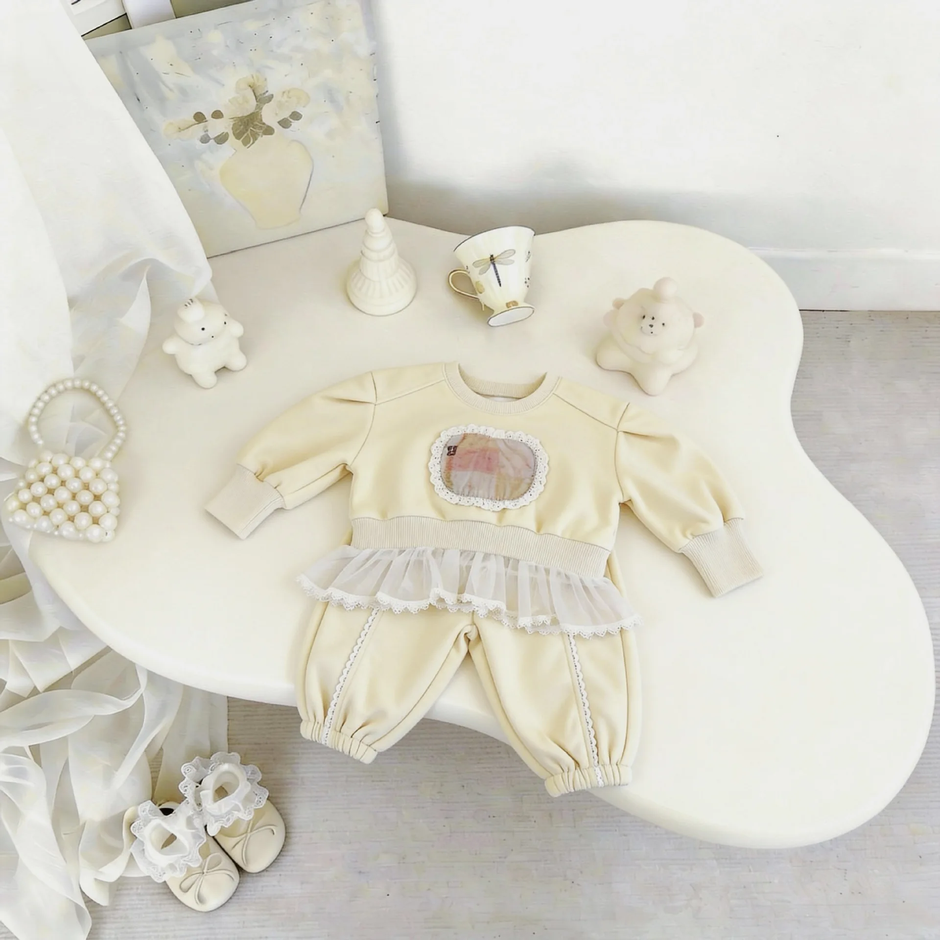 2026 Spring and Autumn New Korean Children Girls Fashion Lace Cute Floral Round Collar Head Spring and Autumn Two Piece Set