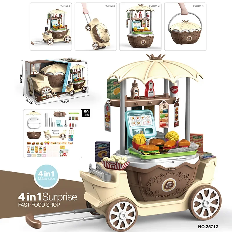 Carrito 4 en 1 para hacer helados para niños, carrito de dulces, simulación de maquillaje, estación médica, coche de princesa de compras, juguete para regalo