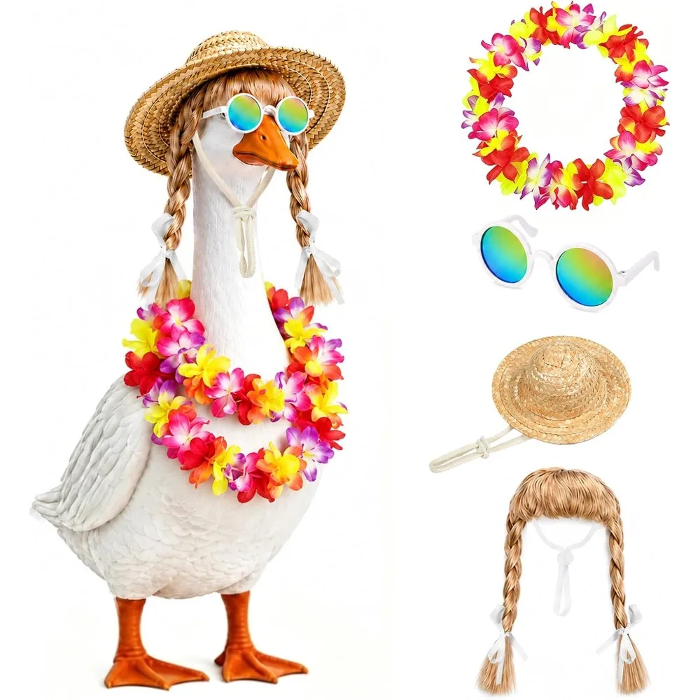 4pcs Summer Goose Wigs Accessories, Hawaiian Goose Outfits for 19 & 23 Inch Goose Garden Display