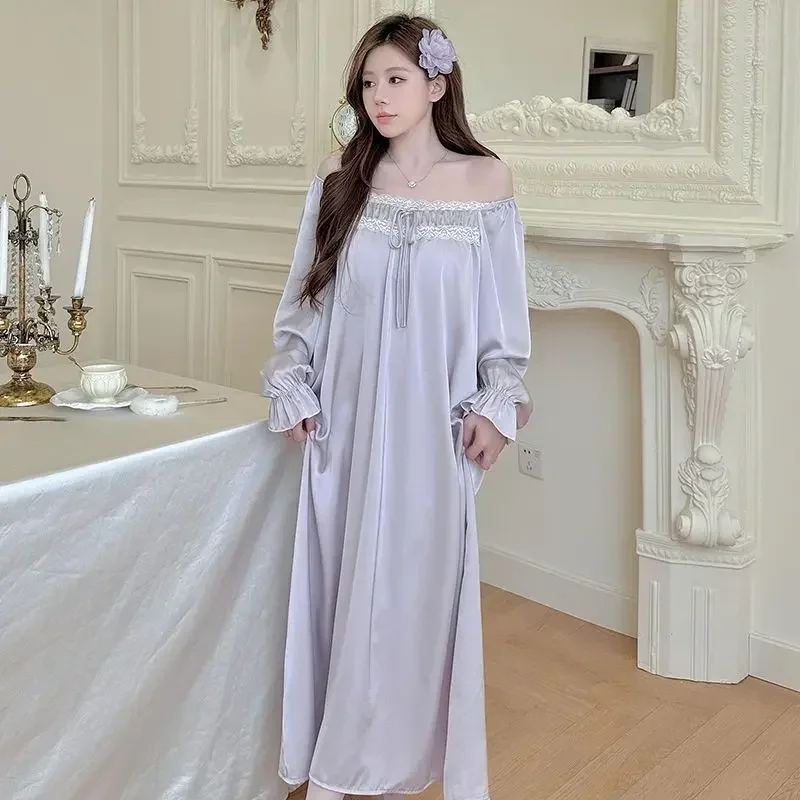 2026 Autumn Long Sleeve Sexy Lace Ice Silk Satin Nightgowns for Women Korean Cute Sleepwear Night Dress Nightdress Home Nighty 4