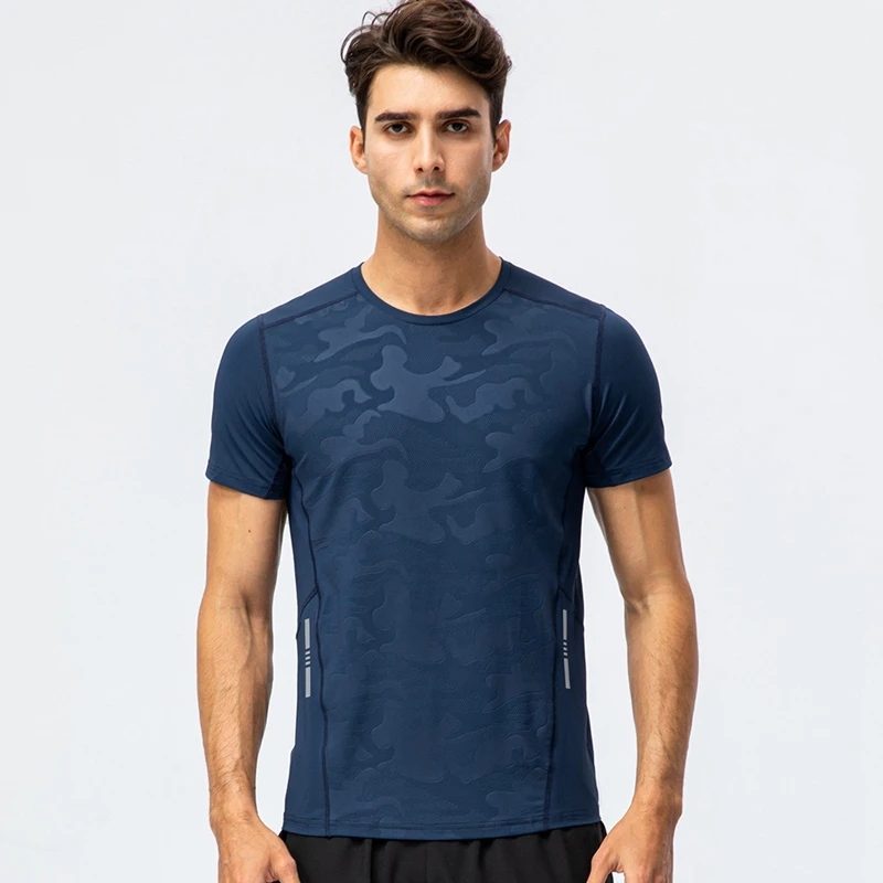 Sports Quick-dry Stretch T-Shirt Men Summer Fashion Dark Print Short Sleeve Tees Run Fitness Workout Wicking Tops Male Clothes