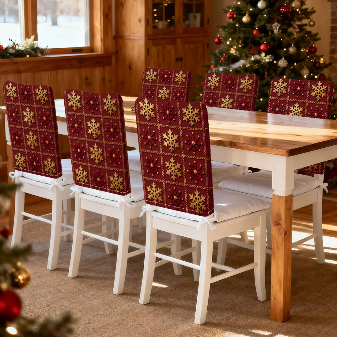 Christmas Snowflake Grid Chair Cover Slipcovers Set of 2/4/6 100% Polyester Dining Room Office Banquet Chair Protective Cover