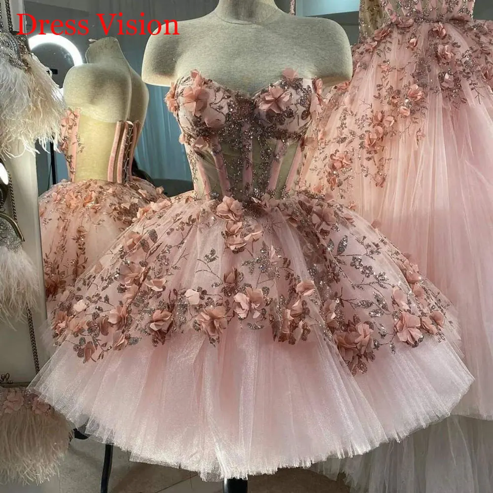 تخصيص التألق 3D الزهور اللباس الكرة ثوب قصير فساتين Quinceanera الحبيب حزب مساء اللباس الدانتيل مشد
