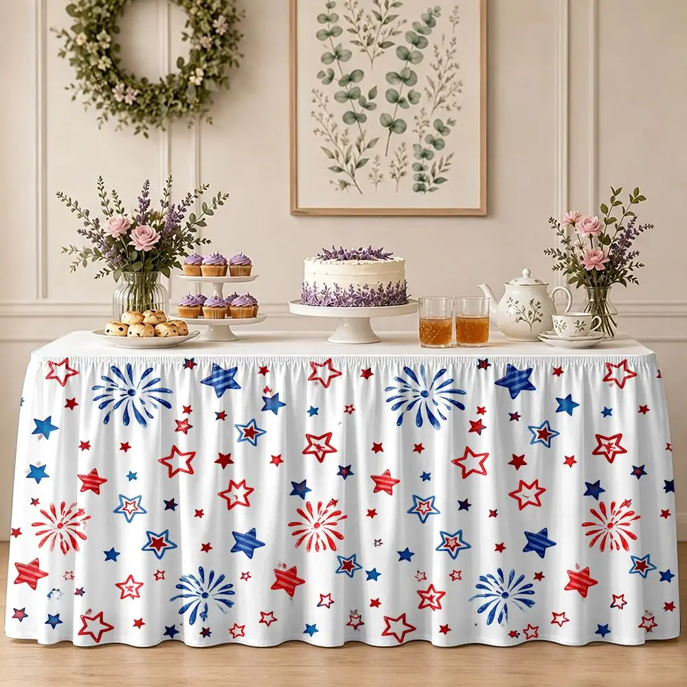 One-piece party table skirt decoration - Red and blue star and firework pattern ruffled table edge
