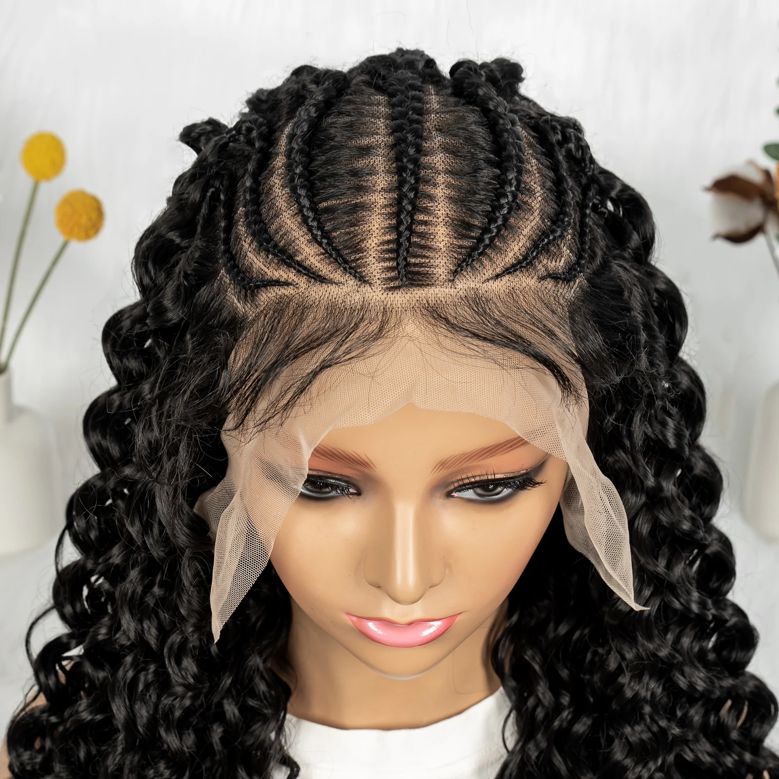 KIMA Cornrow Box Плетеный парик с вьющимися волосами Водная волна Текстура Cornorw Плетеный парик Синтетические парики на шнурке 13x6 для чернокожих женщин