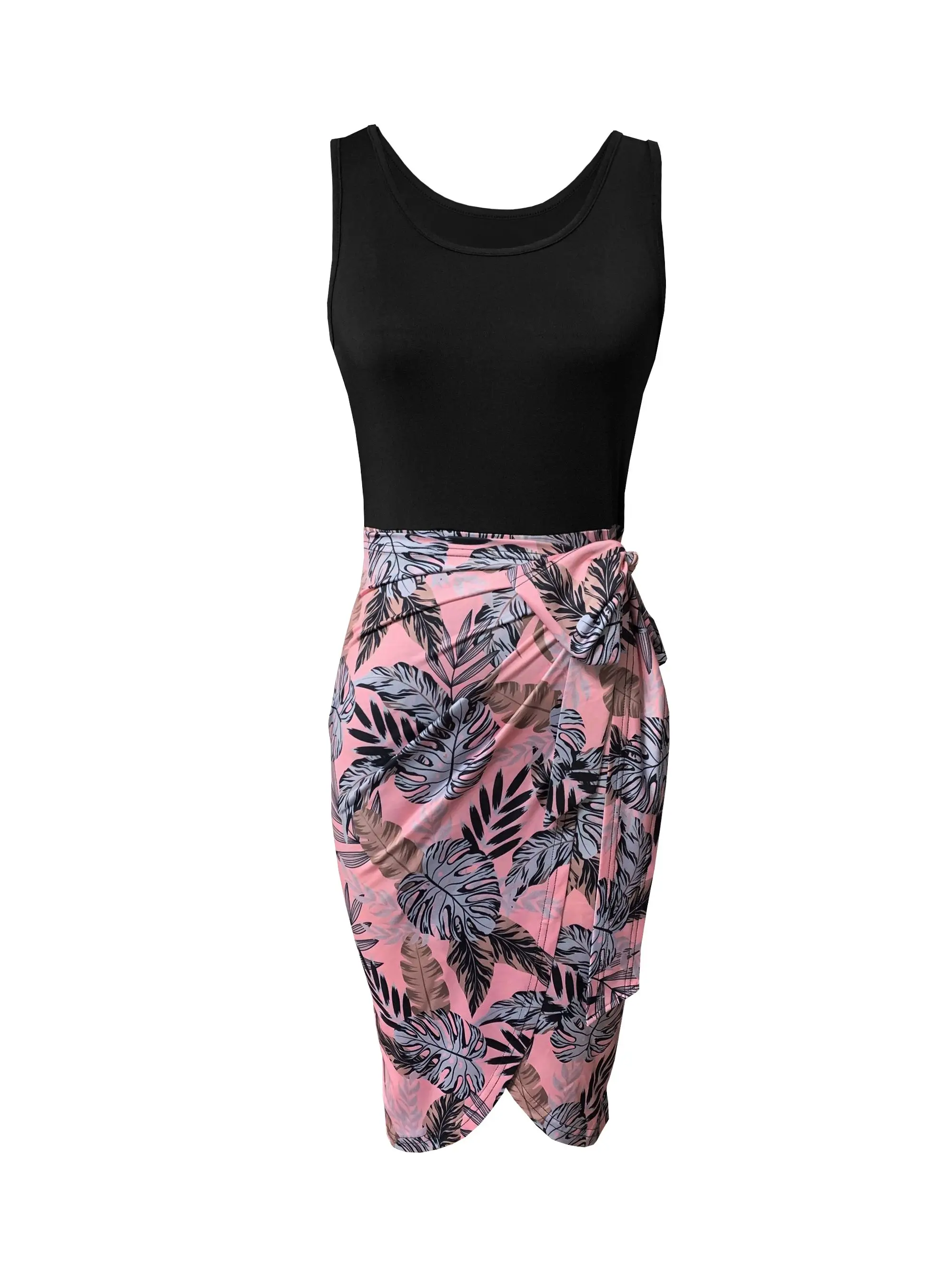 レディース ラウンドネック トロピカル プリント ノースリーブ ドレス