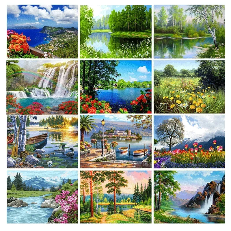 

613907 Frame Green Tree Lake DIY Painting By Numbers Landscape Canvas Drawing Acrylic Paint HandPainted Gift Home Decor Art