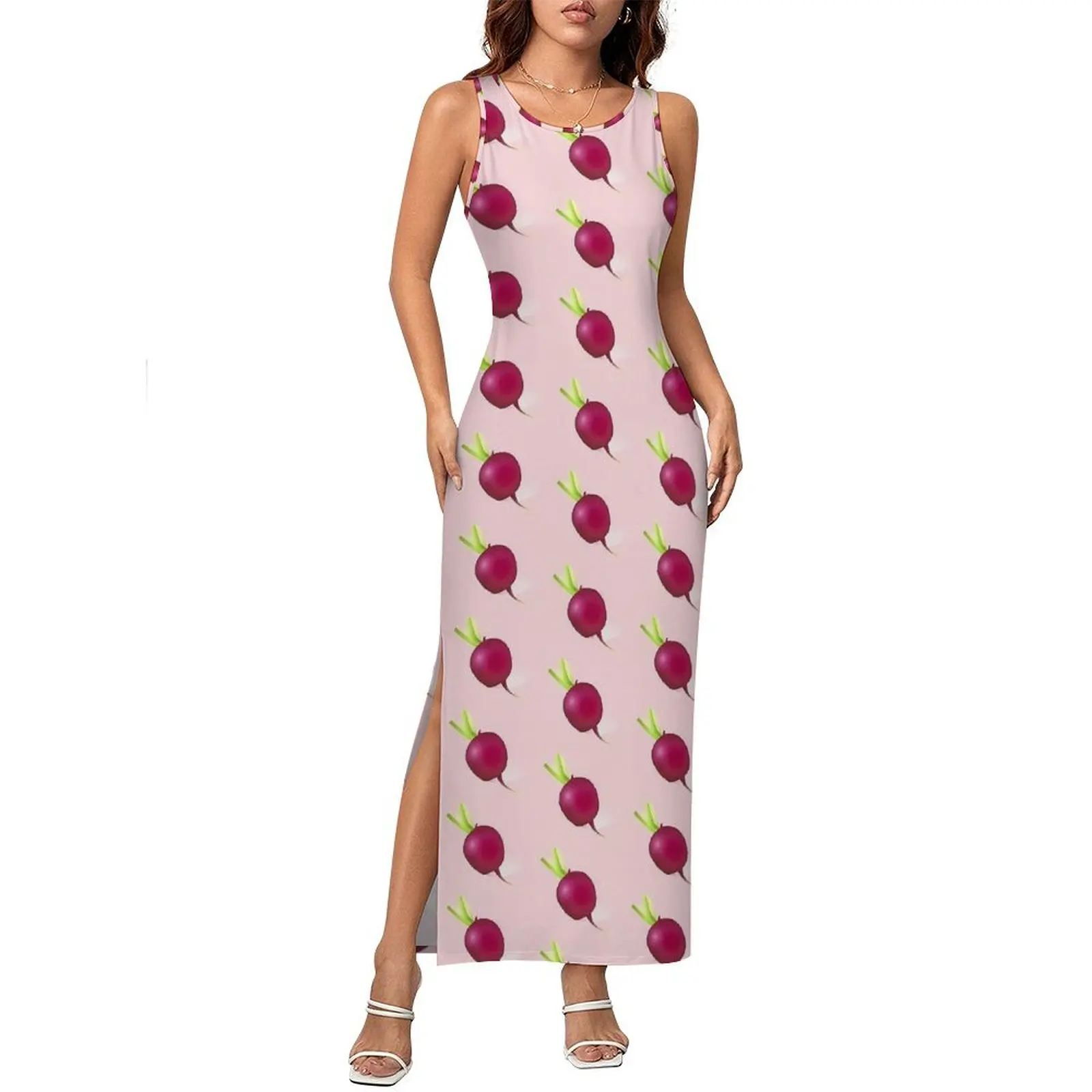 여성 붉은 무 드레스 야채 프린트 캐주얼 Y2k Bodycon 드레스 휴일 민소매 맥시 드레스 패턴 오버 사이즈 Vestidos