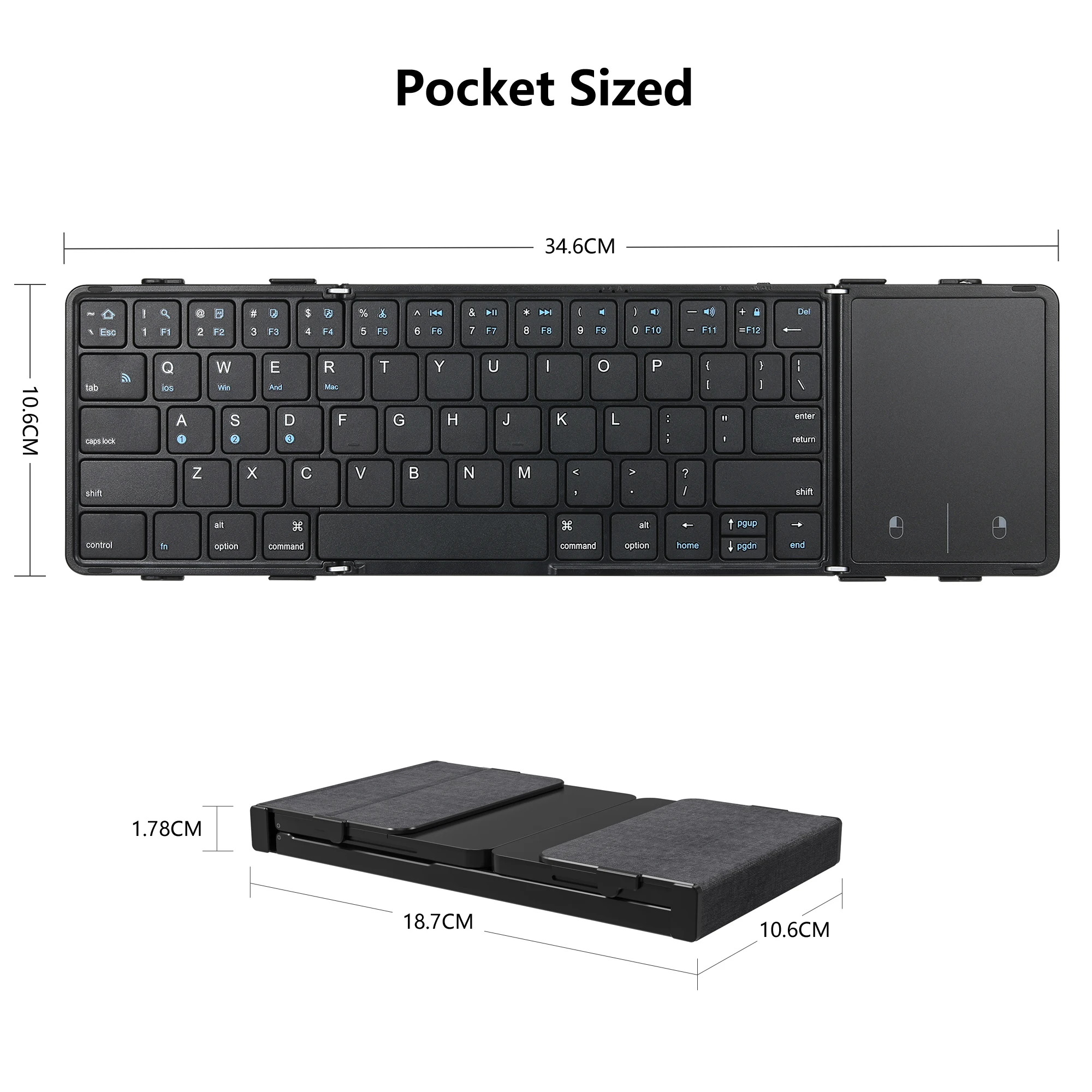 Foldable Bluetooth Keyboard with Touchpad Rechargeable Wireless Keyboard Pocket-Sized for Laptop MacBook iPad Mac Tablet iPhone