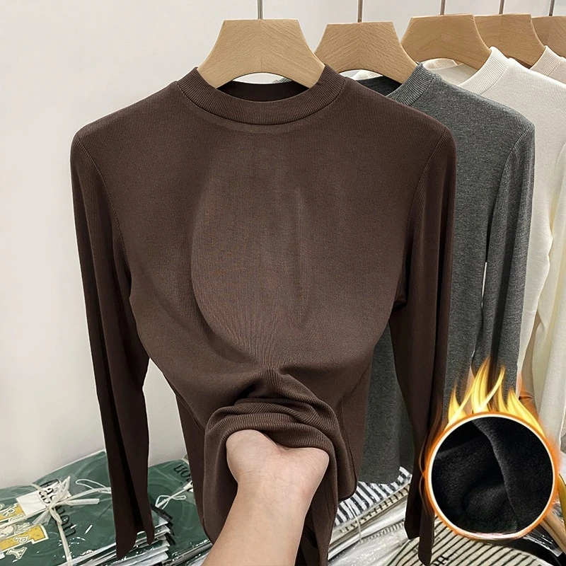 가을 겨울 기본 고품질 코튼 티셔츠 우아한 슬림 플리스 안감 탑 여성용 터틀넥 긴팔 두꺼운 티셔츠
