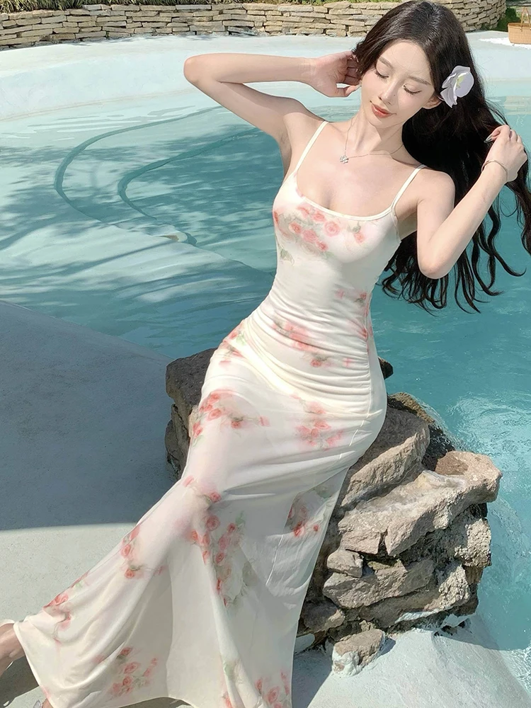 Sommer Floral Mesh Quadrat Kragen Sling Sexy Langes Kleid Frauen Boho Elegante Casual Kleid 2025, Koreanische Mode, Figurbetontes Urlaubskleid
