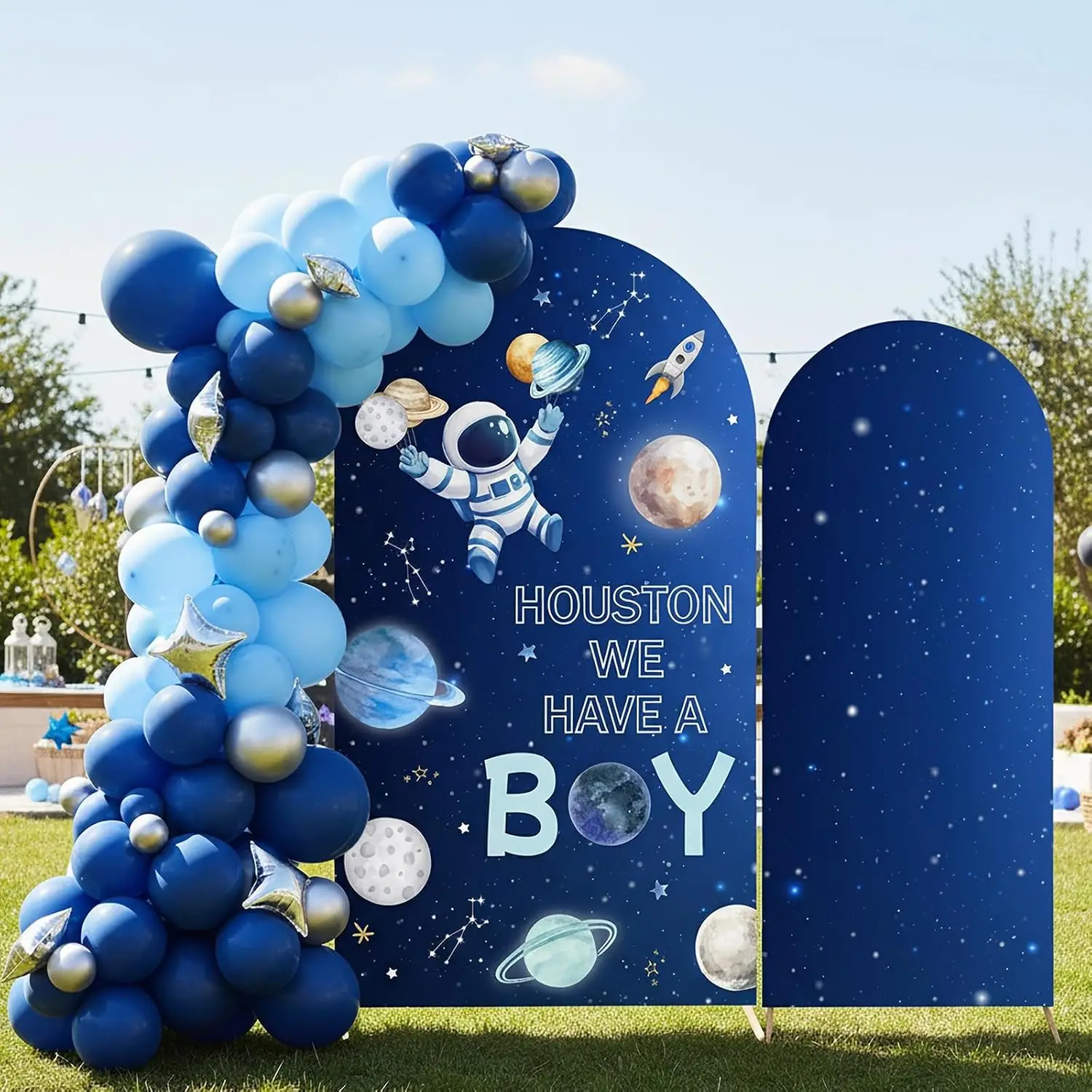 Custom 2-sided Outer Space Newborn Baby Shower Background Houston We Have a Boy Gender Reveal Party Chiara Arch Backdrop Cover