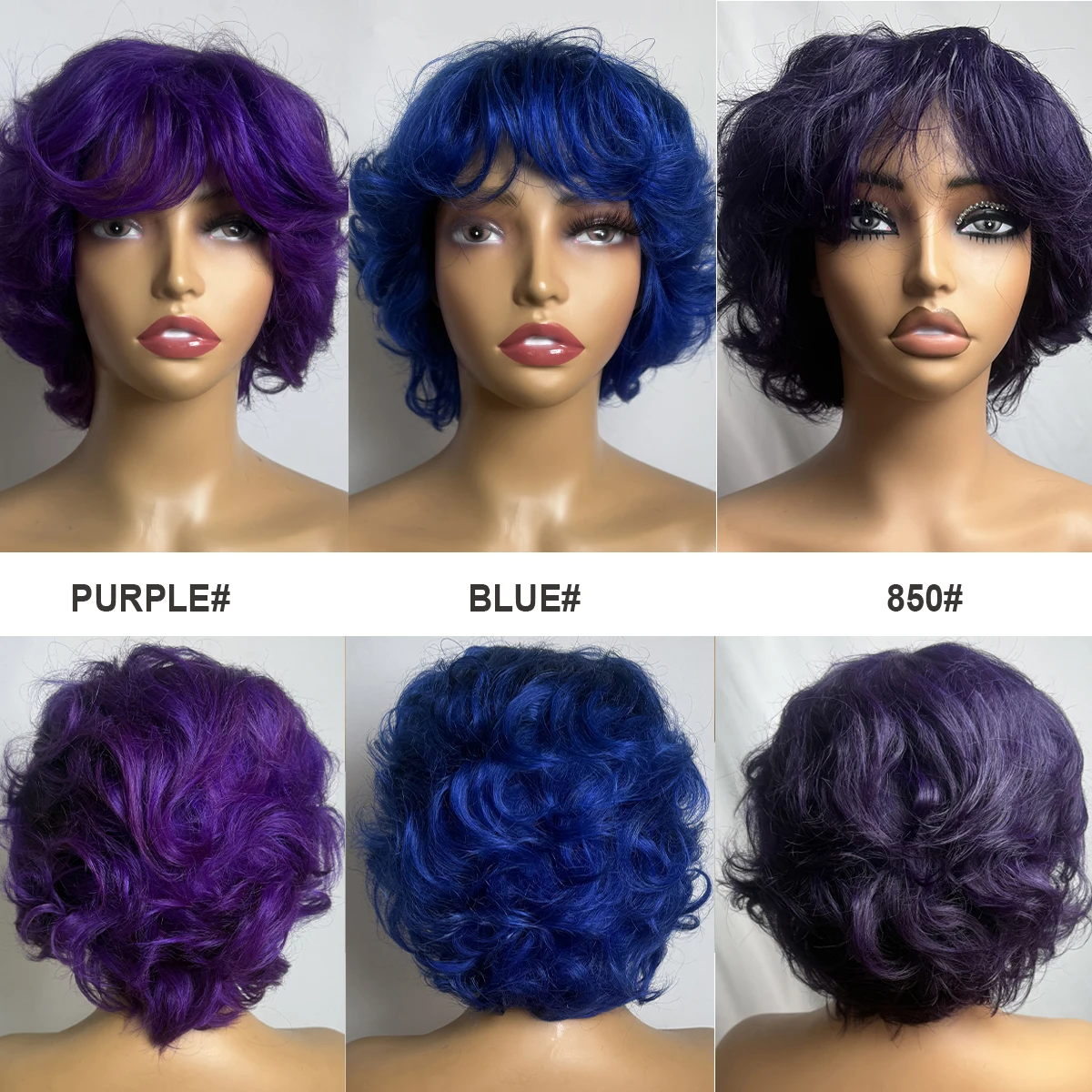 MISS ROLA Short Blue Machine Made Human Hair Wigs Braziilian 100% Human Hair Short Purple Natural Wave Wigs Suitable for Summer