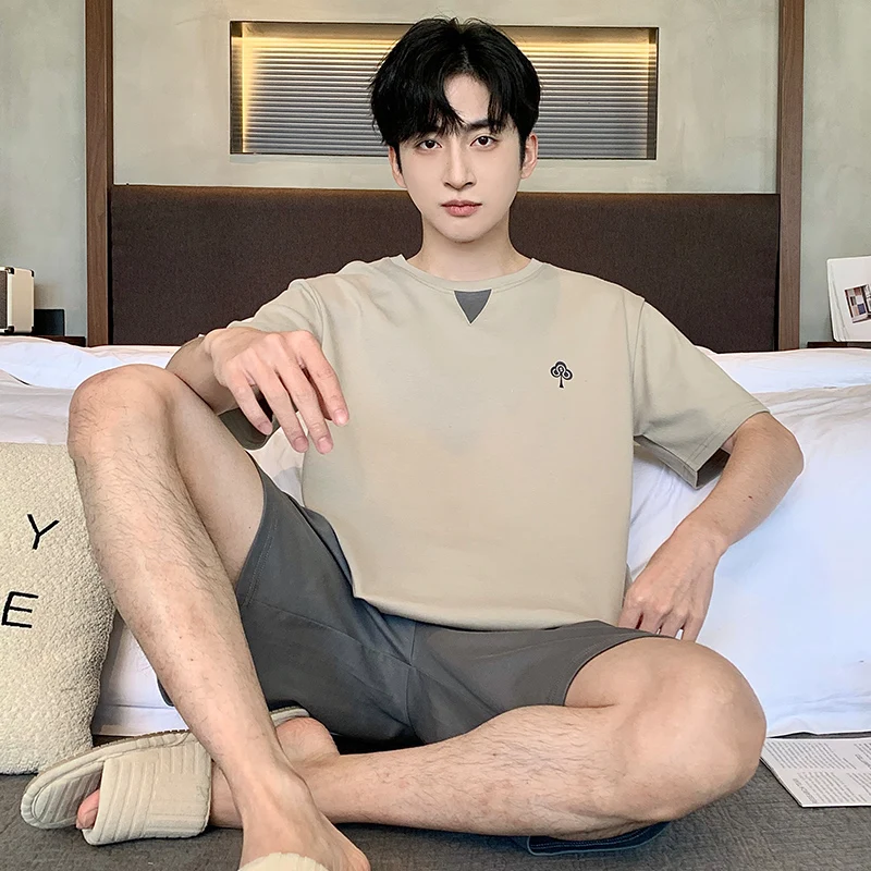 Summer Cotton Pajamas Set Men Pullover Thin Pijamas Hombre Pure Cotton Sleepwear Homeclothes PJ Grey Plaid Pyjama Plus Size