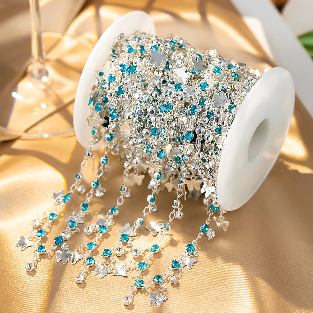 50cm 100cm Butterfly Charms Chains Blue Crystal Beaded Copper Chain For Clothing Bracelet Necklace Jewelry Making DIY Supplies