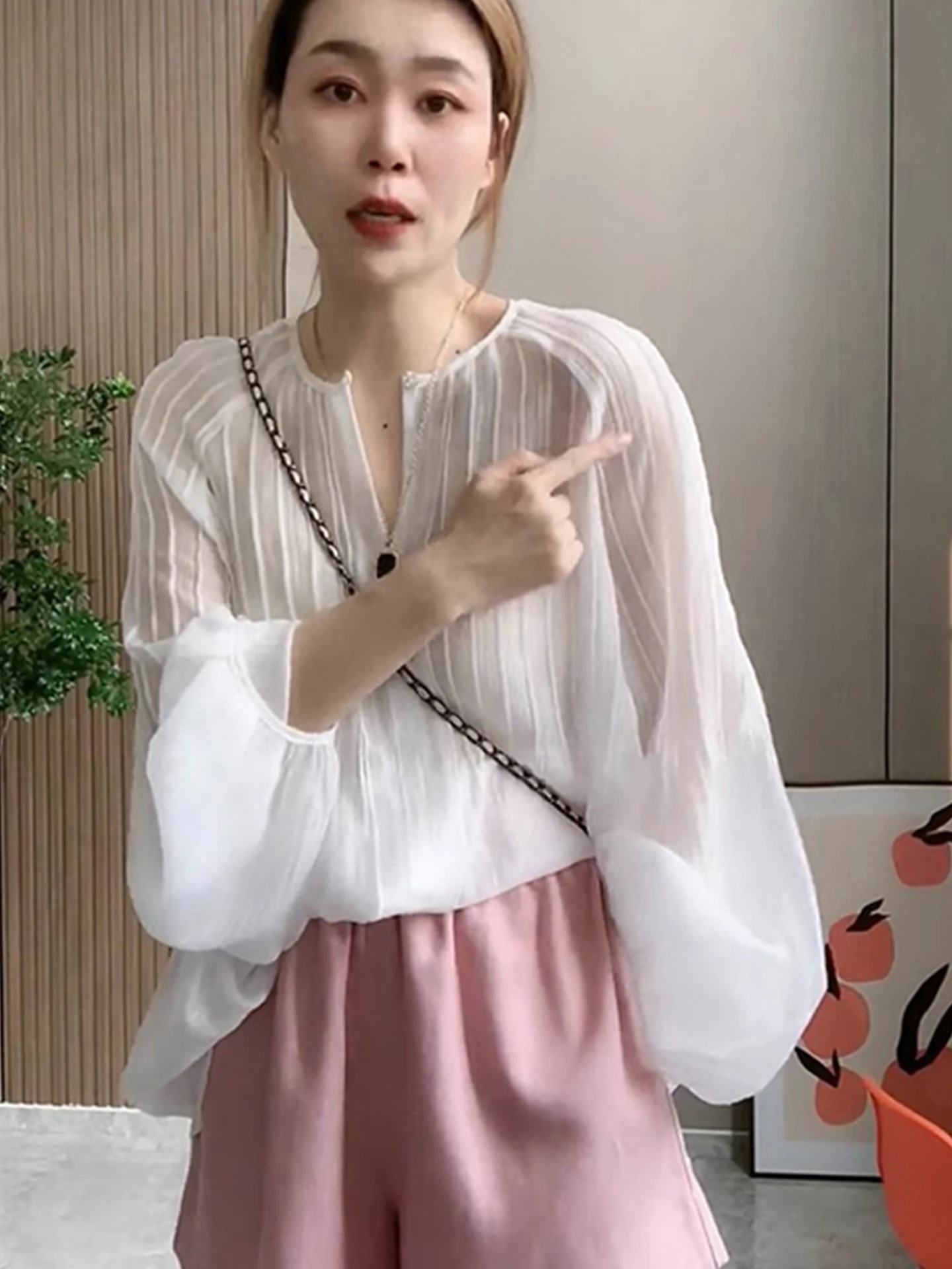 

Elegant Commute V-Neck Long Sleeve Shirt Soft Silky Top Korean Style Straight Cut Autumn Fashion Anti-Aging Basic Layered Shirt