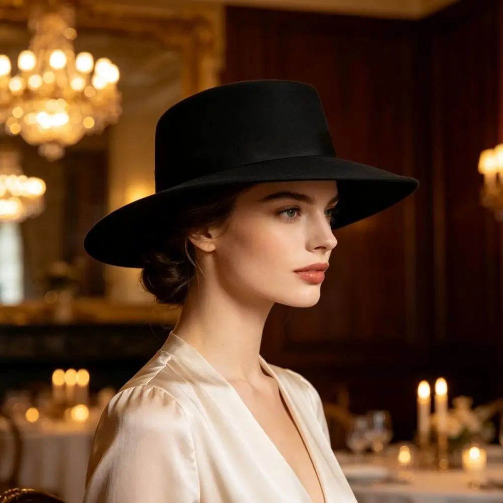 Photo Shoot Prop Hat Flat Top Fedora Hat Wool Blend Derby Cap Wide Brim Felt Hat for Women Classic Retro Formal Event for Women